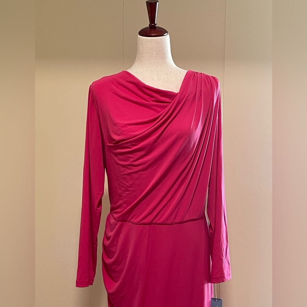 NWT London Times Woman Draped Neck Long Sleeve Jersey Dress Hot Pink Size 16W - Picture 3 of 6